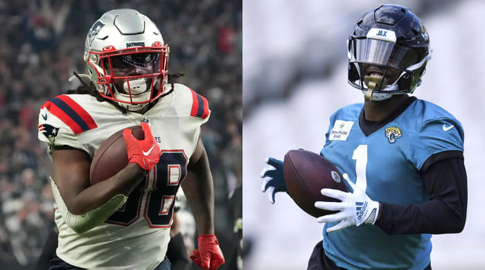 New England Patriots running back Rhamondre Stevenson and Jacksonville Jaguars running back Travis Etienne